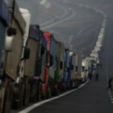 Trucks queue at the Bulgarian border point with Greece in Kulata, some 180 km from Sofia.
