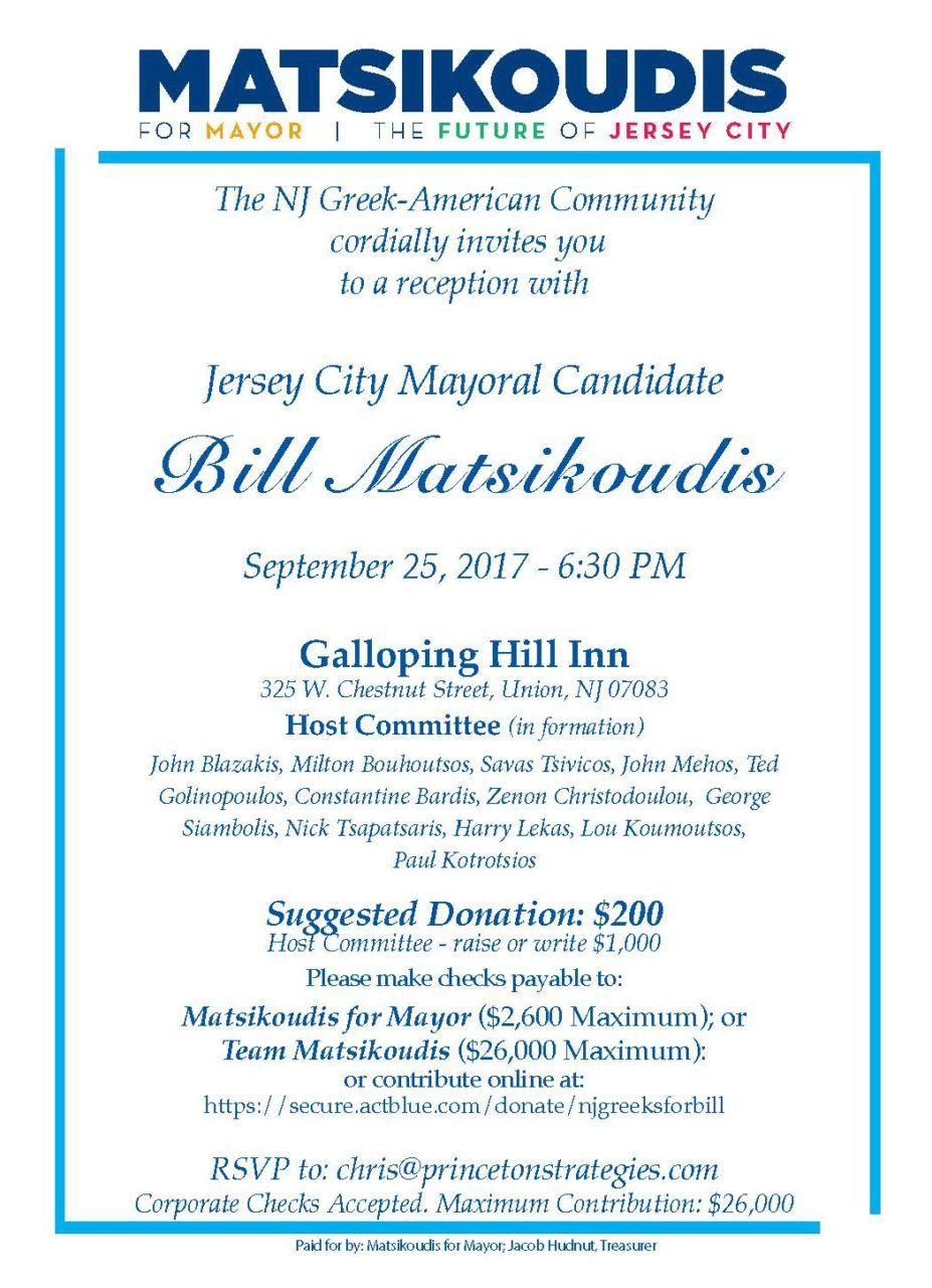 The NJ Greek-American Community cordially invites you to a reception with Jersey City Mayoral Candidate Bill Matsikoudis