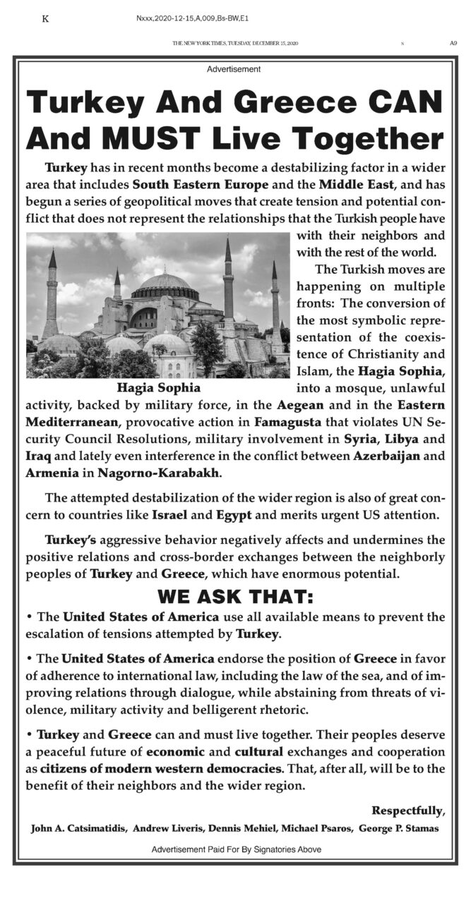 Archons decry Turkish aggression in New York Times ad