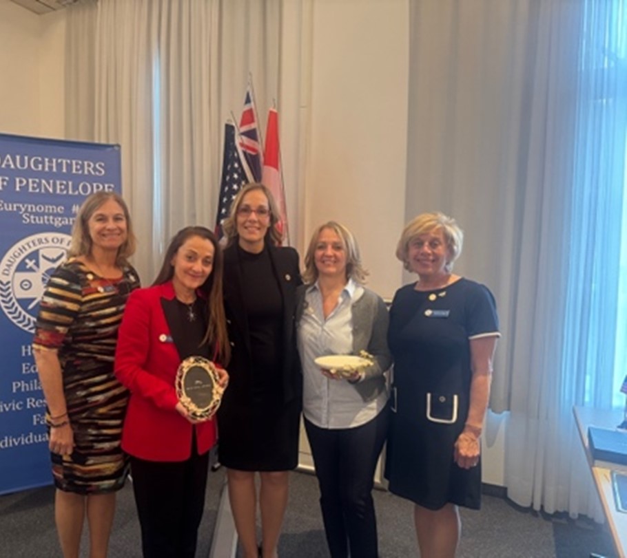 Grand Treasurer Patty Didik, Region Governor of Europe & Australia Athanasia Vassiliadou, Grand President Margaret Dritsas, Eurynome Chapter President Dr. Dimitra Potsi, and Grand Vice President Antoinette M. Zachariades