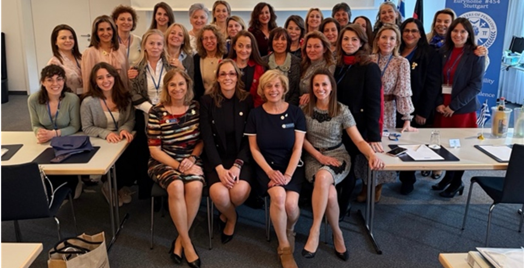 Grand President Margaret Dritsas, Grand Vice President Antoinette Zacharaides, Grand Treasurer Patty Didik, Region Governor of Europe and Australia Athanasia Vassiliadou, Executive Director Elena Saviolakis, and the Europe and Australia Leadership at the 2025 Europe and Australia Leadership Conference