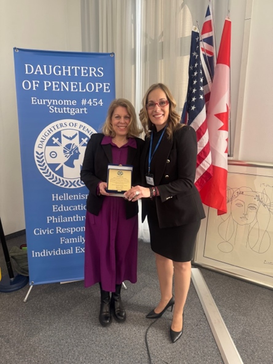 Grand President Margaret Dritsas presenting Professor Dr. Andrea Wechsler, a member of the European Parliament, with the Spirit of Penelope Award. This prestigious award recognizes women who embody dignity, perseverance, and creativity while inspiring and empowering others