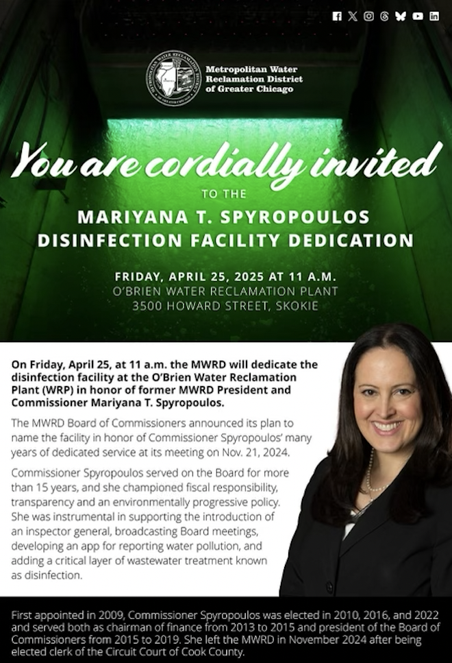 MWRD Dedicates Mariyana T. Spyropoulos Disinfection Facility at O’Brien Water Reclamation Plant Mariyana T. Spyropoulos Disinfection Facility dedication ceremony at O'Brien Water Reclamation Plant in Skokie, IL, honoring former MWRD President.