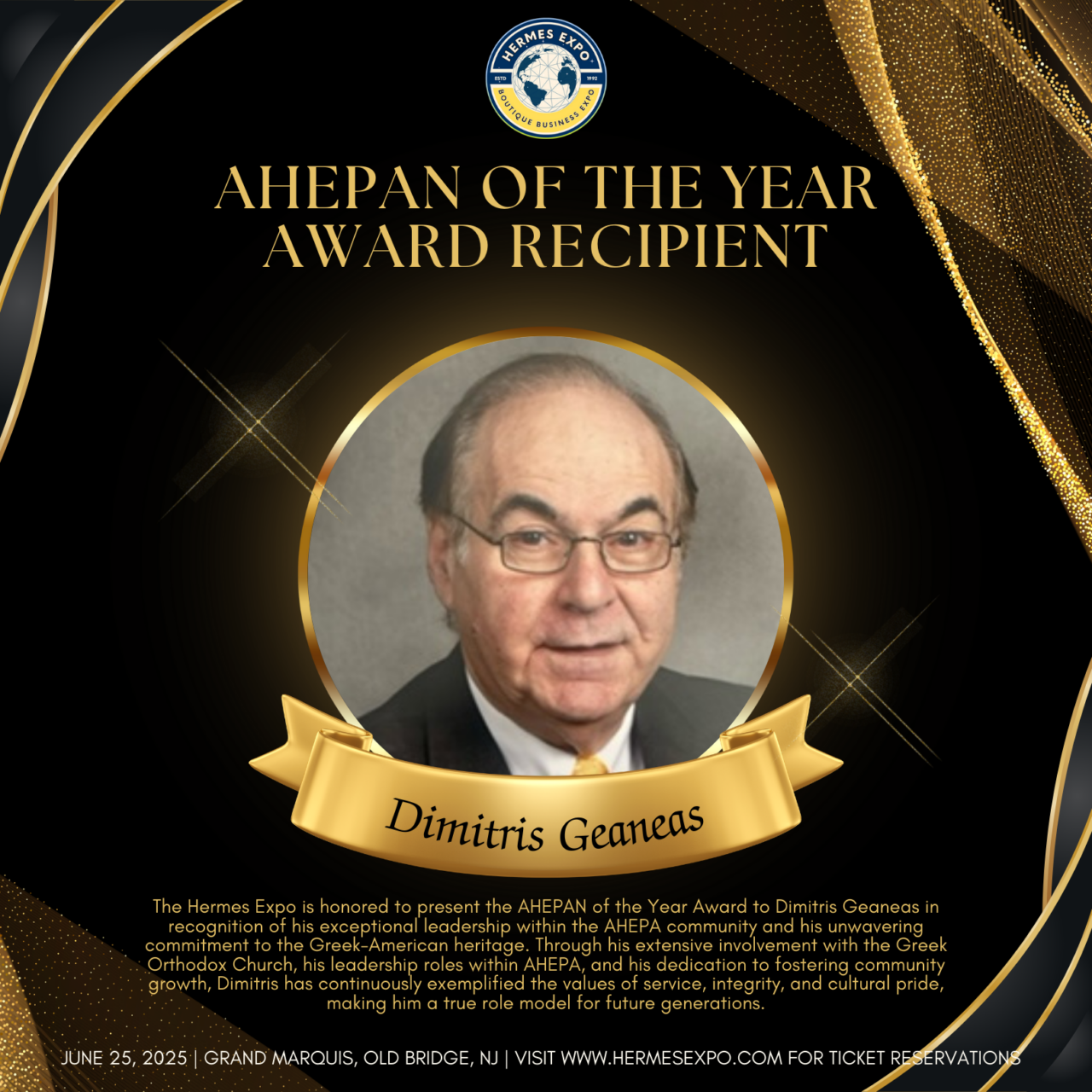 Dimitri Geaneas honored as AHEPAN of the Year at the 34th Hermes Expo Awards Dinner Gala.