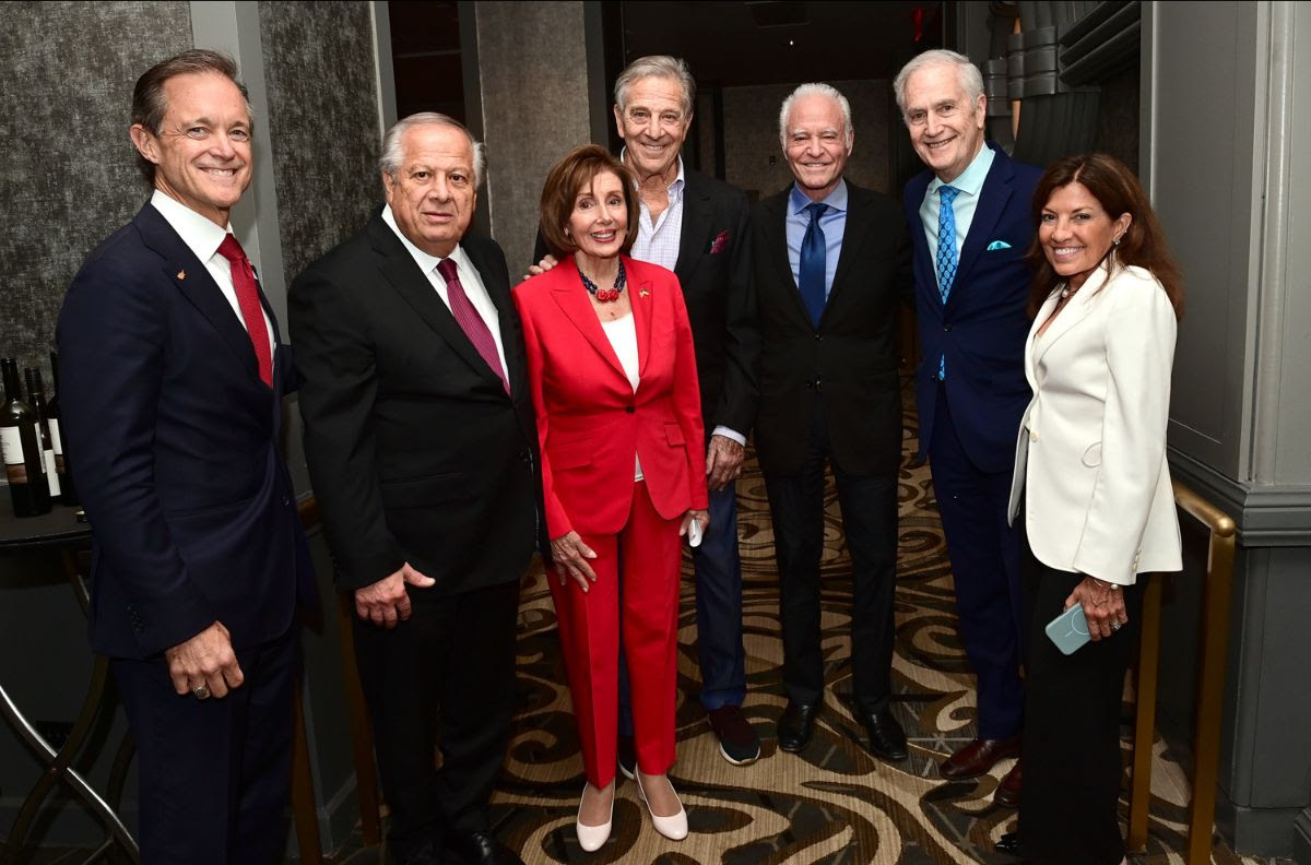Speaker Emerita Pelosi and her husband Paul with (left to right) Mike Manatos, Executive Director of The Hellenic Initiative; Philip Christopher; Dennis Mehiel; Andy Manatos; and Kimberley Matthews Fraser