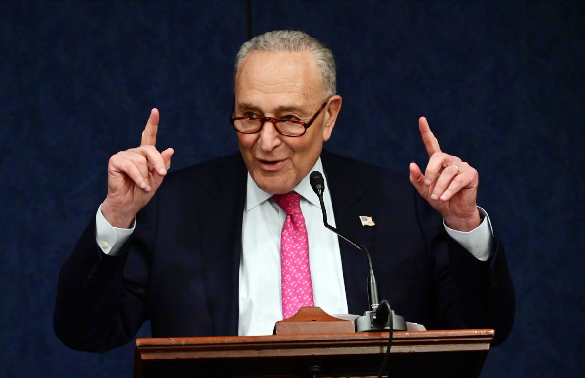 Senate Minority Leader Chuck Schumer, who was introduced by Dennis Mehiel, addresses the conference