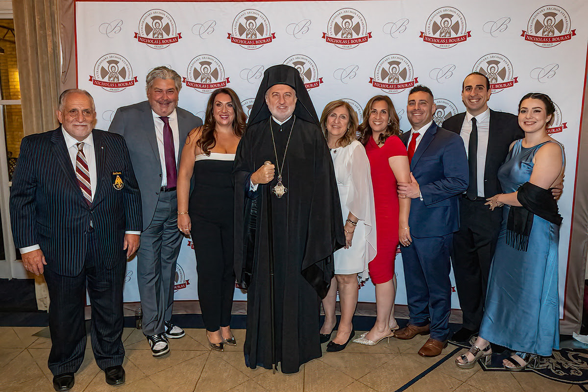 His Eminence Archbishop Elpidophoros of America with Alexander Pritsos, his wife Maritza, and their family.
