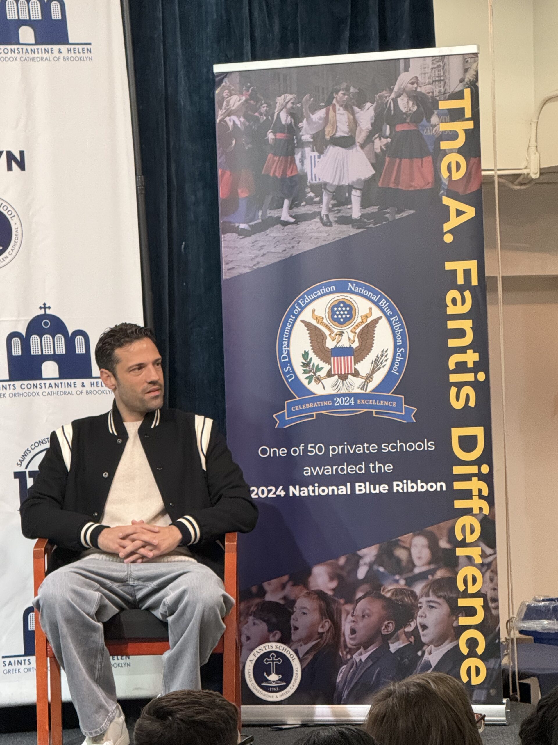 Konstantinos Argiros singing with A. Fantis School students in Brooklyn before his Barclays Center concert
