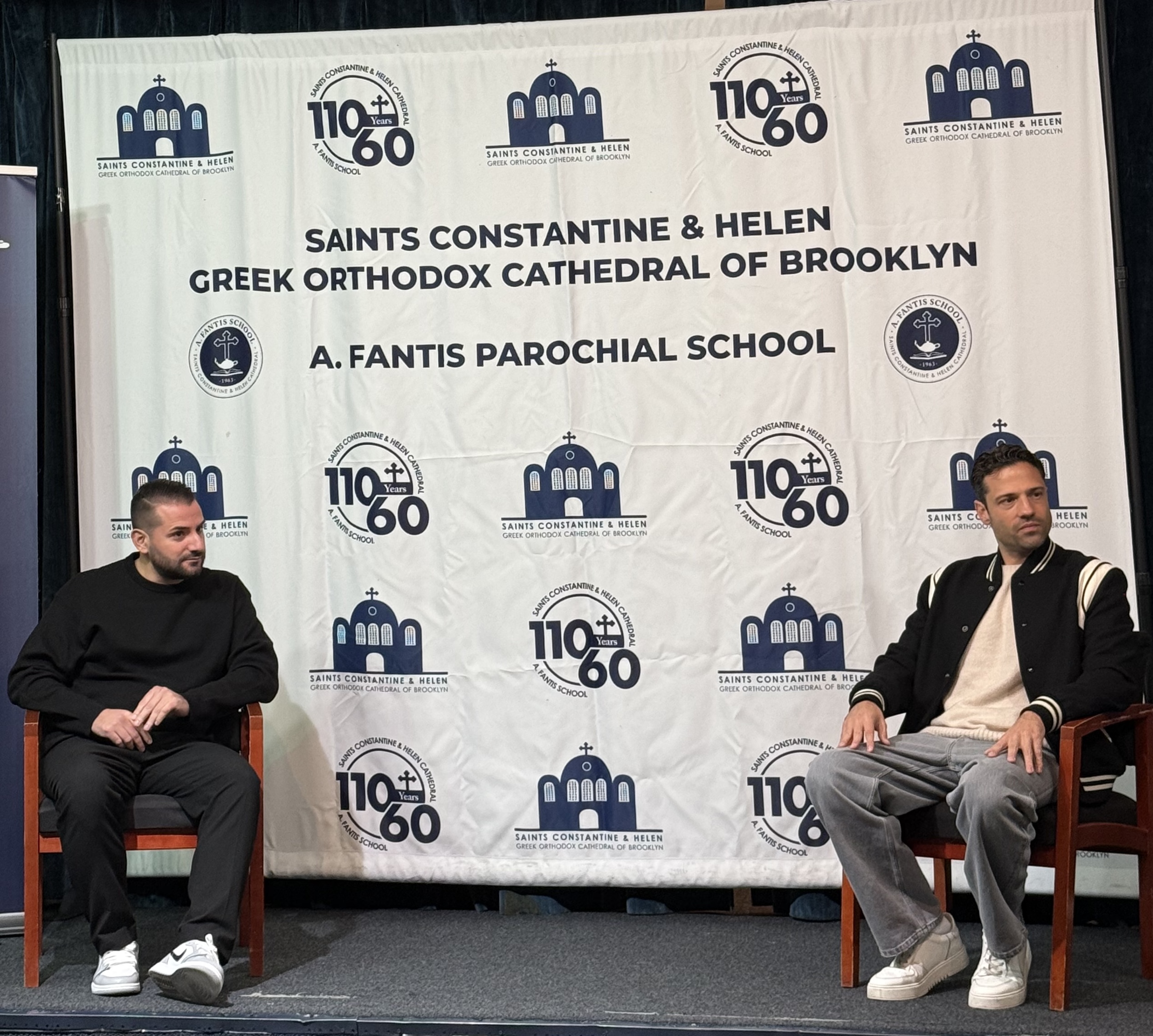 Konstantinos Argiros singing with A. Fantis School students in Brooklyn before his Barclays Center concert