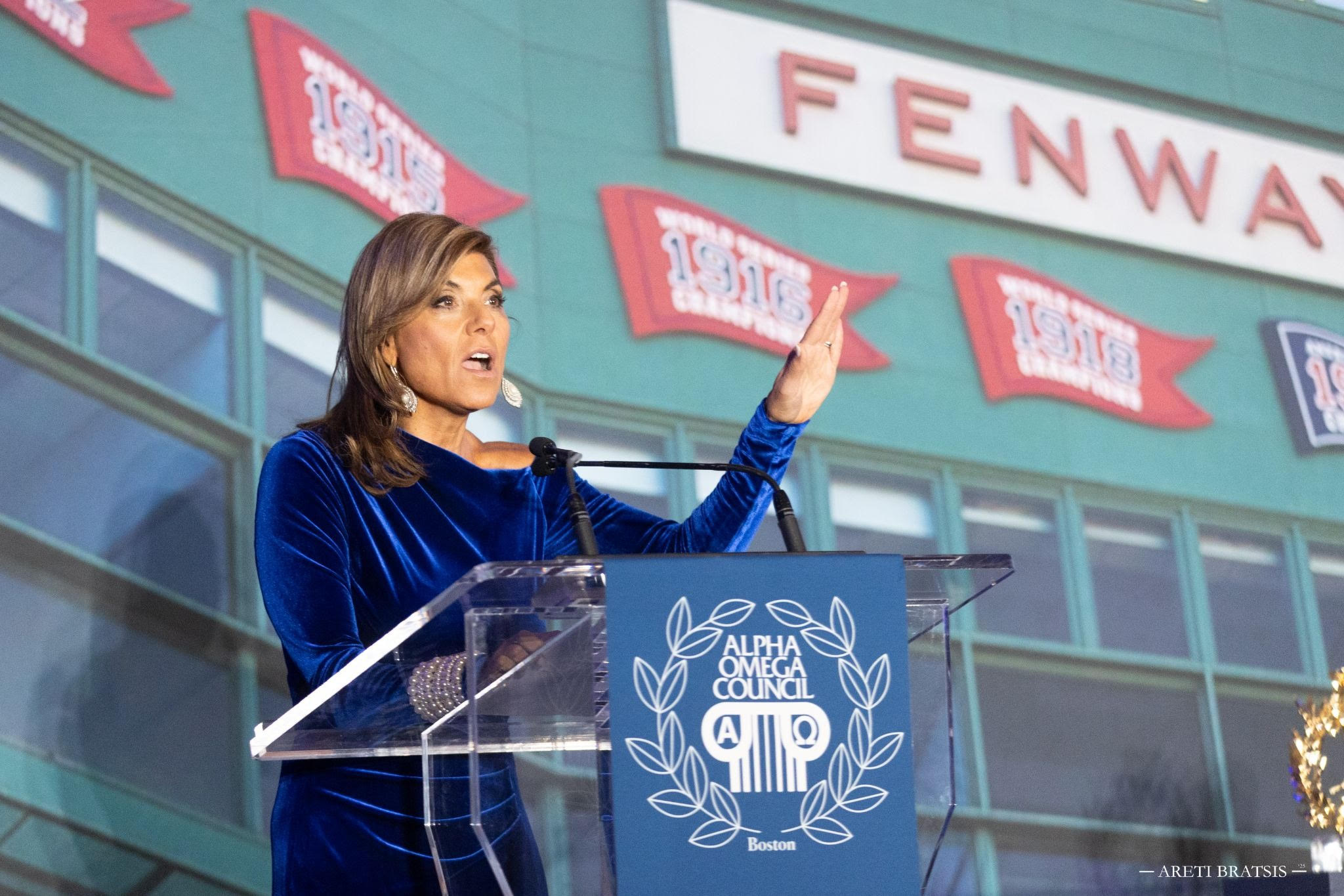 Photo Caption: Event emcee & master of ceremonies Maria Stephanos at Alpha Omega Council 2025 Honors GalaPhoto Credit: Areti Bratsis Photography