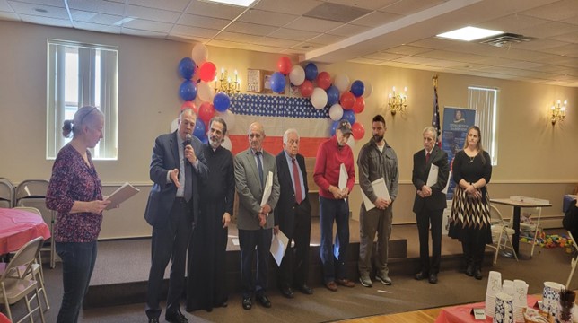 From Left to Right Master of Ceremonies Sharon Turk, Rhode Island State Senator Lou Raptakis, Father Philip Zymaris, Theodore Soukatos, Charles Lehourites, Samuel Matook, Matthew Joanidis, Dr. Thomas Walsh and Alexandria McNamara