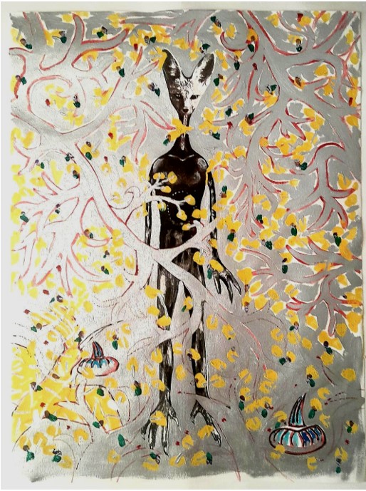 Τίτλος έργου: Yellow bird / Διαστάσεις: 56Χ76 cm / Υλικό: κάρβουνο, μολύβι, ακρυλικά