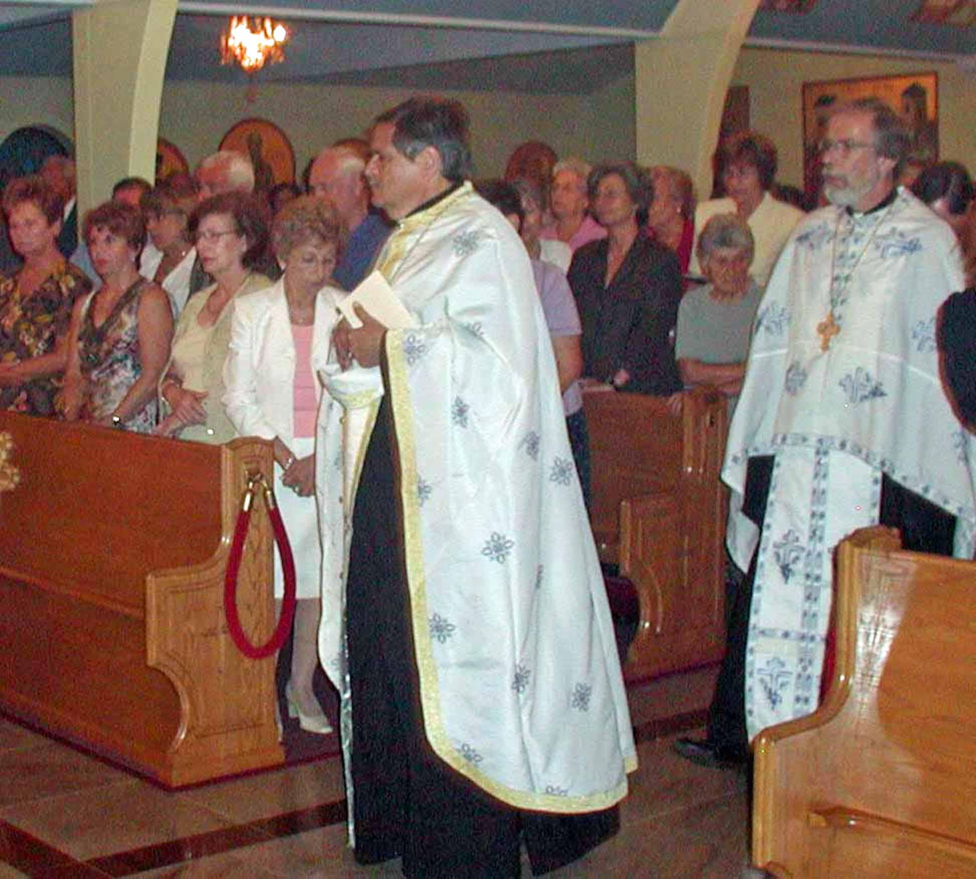 Mrs. Helen Peters in white (right), Church vespers, ,August 5, 2005