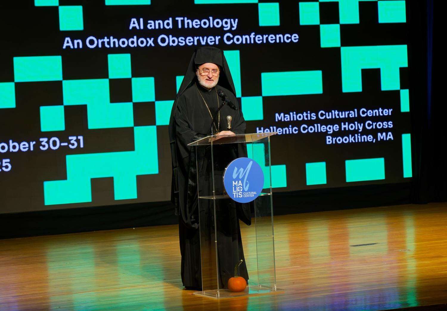 Archbishop Elpidophoros of America addresses the Orthodox Observer’s 2025 AI & Theology Conference (Photo by Orthodox Observer/Dimitrios Panagos)