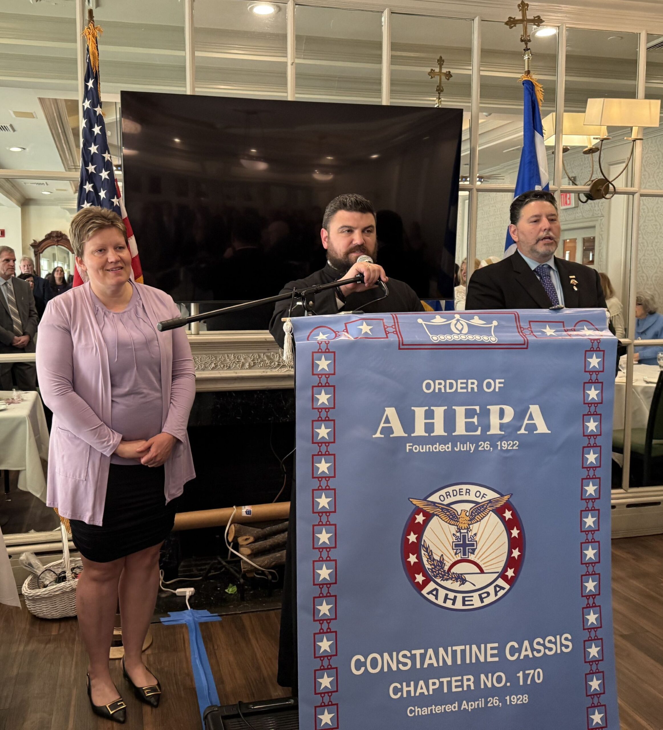 Tatiana Stampolis, President of Daughters of Penelope Pasithea Chapter No. 141.(left to right) The invocation was delivered by Father Demetrios Kazakis of the Greek Orthodox Cathedral of Saint Pauland AHEPA President Anastasisasi Stampolis