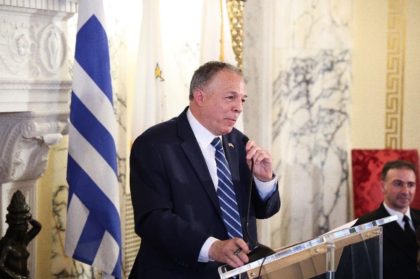 State Senator Lou Raptakis addressing the Greek Independence Day celebration in the Governor’s State Room