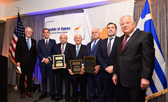 Honorees (left to right) Andreas Comodromos, Markos Marinakis, and Tasos Zambas